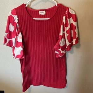 BiBi pink ribbed top M with floral puffy sleeve